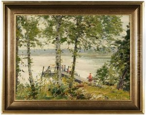 Island Near Cedar Point, Lake Mackinac, Michigan, Figures On A Dock by Louis Charles Vogt