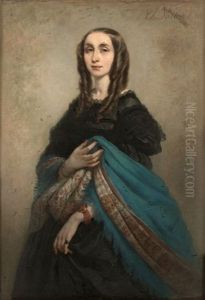 Portait D'elegante Au Chale by Andre Charles Voillemot