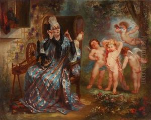 Vieille Femme Regardant Une Groupe D'amours by Andre Charles Voillemot