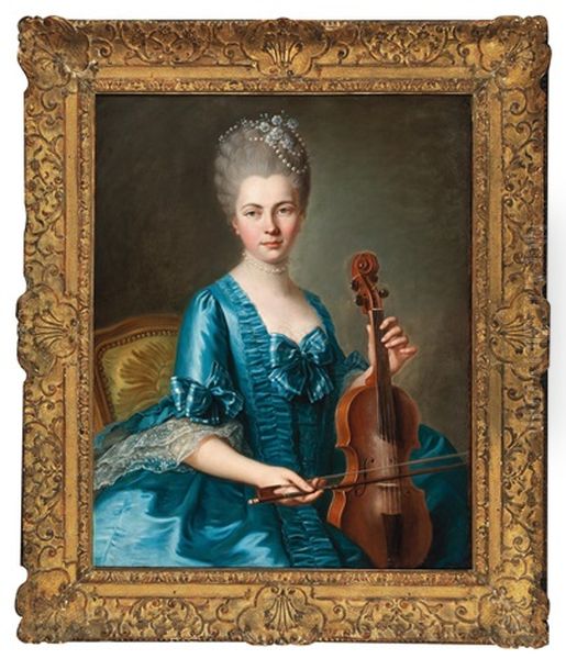 A Young Lady In A Light-blue Silk Dress Playing A Violin - view 1