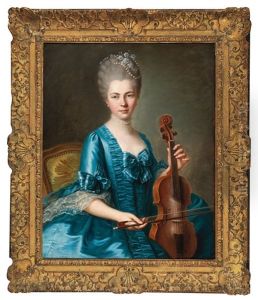 A Young Lady In A Light-blue Silk Dress Playing A Violin by Guillaume Voiriot