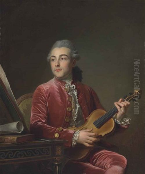 Portrait Of A Gentleman, Half-length, Seated In A Red Velvet Jacket With A Violin - view 1