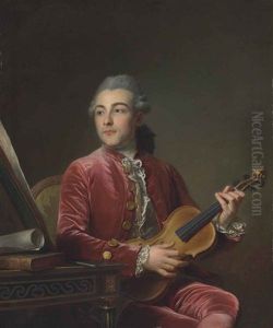 Portrait Of A Gentleman, Half-length, Seated In A Red Velvet Jacket With A Violin