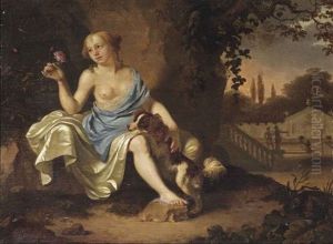 A Classical Park Landscape With A Seated Lady Dressed As A Nymph And Her Dog