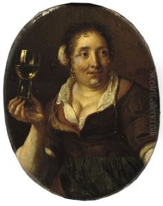 A Peasant Woman Holding A Glass Of Wine by Ary de Vois