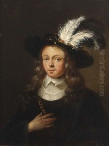 A Portrait Of A Young Man Wearing A Black Coat With White Collar And A Feathered Hat