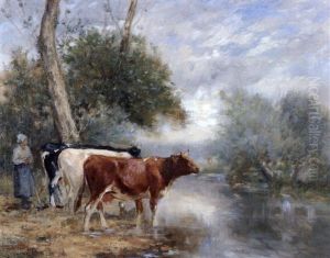Vaches Au Bord De La Riviere Pres D'orbec by Adrien Gabriel Voisard-Margerie
