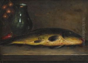 Fischstillleben Mit Krug, Zwiebel Und Paprika