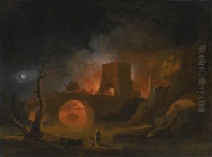 A Moonlit River Landscape With Figures Fleeing A Burning City by Pierre Jacques Volaire