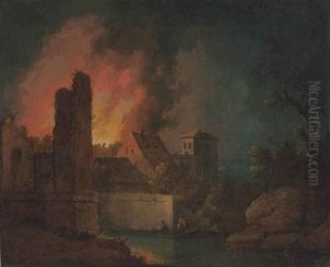 A Night Scene Of A Town On Fire, With Onlookers In A Boat On A Lake by Pierre Jacques Volaire