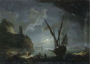 Scene De Port Mediterraneen Au Clair De Lune by Pierre Jacques Volaire