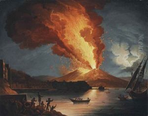 The Bay Of Naples At Night With Mount Vesuvius Erupting by Pierre Jacques Volaire
