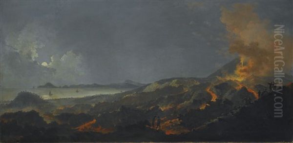 A Nocturne With A Coastal Landscape And An Erupting Volcano - view 1