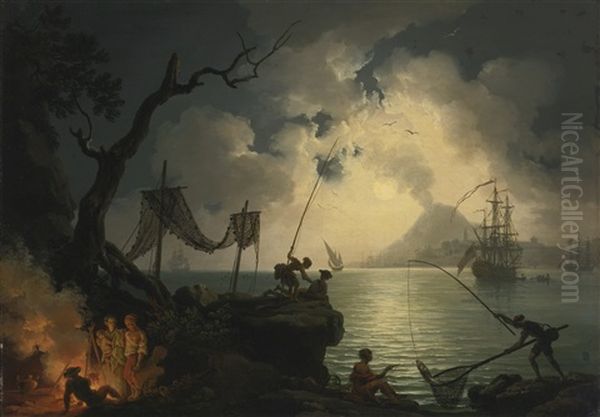 A Nocturnal Mediterranean Coastal Scene, With Vesuvius In The Background - view 1
