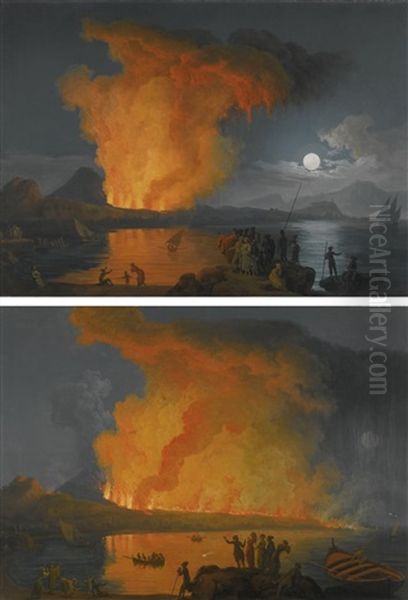 Vesuvius Erupting By Moonlight With Spectators In The Foreground And Vesuvius Erupting At Night With Spectators Looking On From The Foreground (pair) - view 1