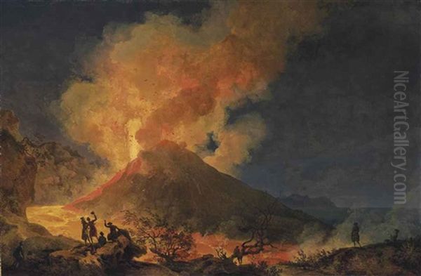 Vesuvius Erupting At Night Seen From The Atrio Del Cavallo, With Elegant Onlookers, A View Of Portici And Capri Beyond - view 1