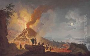 Mount Vesuvius Erupting By Night Seen From The Atrio Del Cavallo With Spectators In The Foreground by Pierre Jacques Volaire