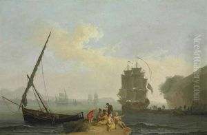 A Mediterranean Bay With Figures Unloading A Man-o-war, Figures Playing Cards In The Foreground, Other Vessels Beyond by Pierre Jacques Volaire