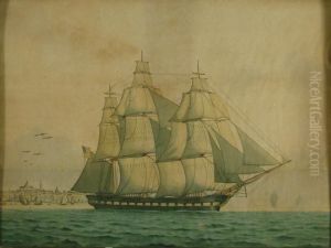 American Three-mastedschooner With Ships And American Harbor In Back Ground by Lucius A. Briggs