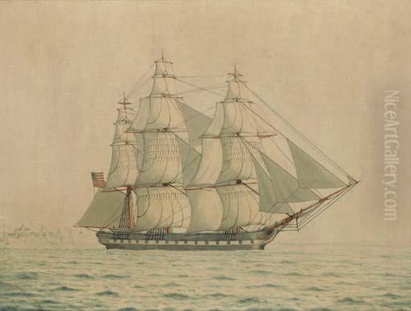 An American Frigate Off A Coast - view 1