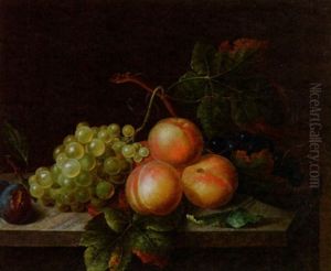 Stilleben Mit Pfirsichen, Weintrauben Und Pflaumen Auf Einer Steinplatte by Frederik Wilhelm Voelcker