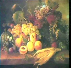 Still Life With Assorted Fruitflowers And An Ear Of Corn On A Stone Ledge