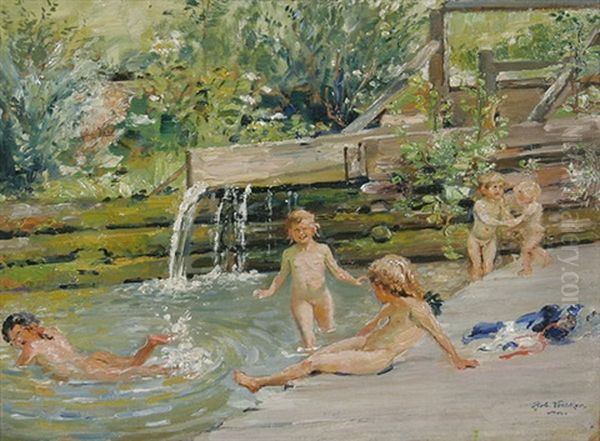 Sommertag Mit Badenden Kindern An Einem Bach - view 1