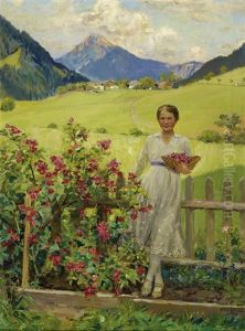 Junge Bayrische Frau Mit Rosenbluten by Robert Voelcker