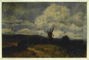 Hugellandschaft Mit Gehoft Und Windmuhle Auf Anhohe by Hans Voelker