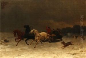Winter Landscape With A Horsedrawn Sledge And Wolfs