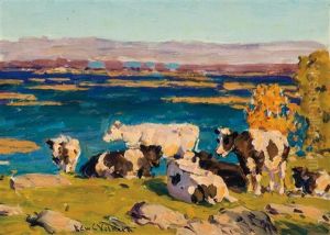 (a) Pasture By The Sea (b) Cows In A Pasture (a Pair) by Edward Charles Volkert