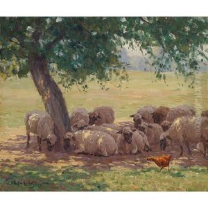 Chicken And Sheep In The Shade by Edward Charles Volkert