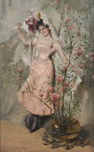 Junge Frau In Weiser Mantilla Mit Rosenstraus by Max Volkhart