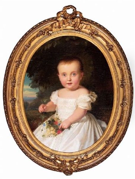Portrait Eines Kleinen Madchens. Halbfigur In Weisem Kleidchen Vor Abendlandschaft - view 1