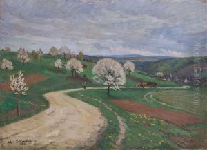 Fruhlingslandschaft Mit Bluhenden Obstbaumen