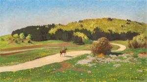 Horse Rider In A Summer Landscape by Hans Richard Von Volkmann