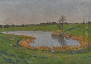 Teichlandschaft Mit Weidenden Pferden by Hans Richard Von Volkmann