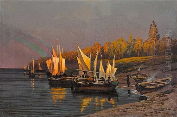 Segelboote An Abendlicher Uferlandschaft - view 1