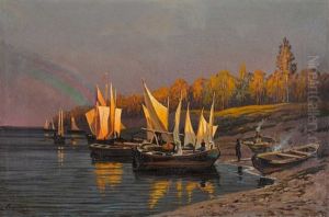 Segelboote An Abendlicher Uferlandschaft by Efim Efimovich Volkov