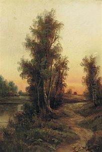 Abendliche Landschaft Mit Stillem Gewasser; Busch- Und Baumwerk Im Verfarbten Gegenlicht