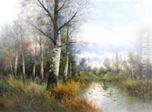 Baumlandschaft Im Fruhherbst Mit Reisigsammlerin An Einem Bachlauf by Efim Efimovich Volkov