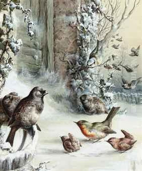 Robins And Wrens In A Winter Landscape by Harry Bright