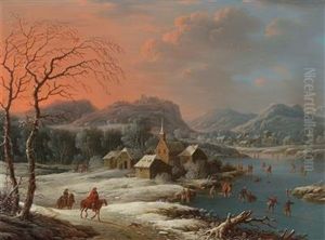 A Mountainous Winter Landscape With Skaters On A Frozen River Near A Village by Johann Christian Vollerdt or Vollaert