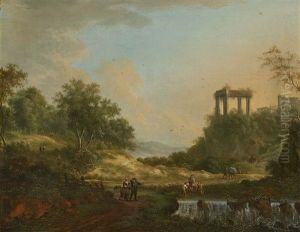 Arcadian Landscape With A Temple Ruin And People by Johann Christian Vollerdt or Vollaert