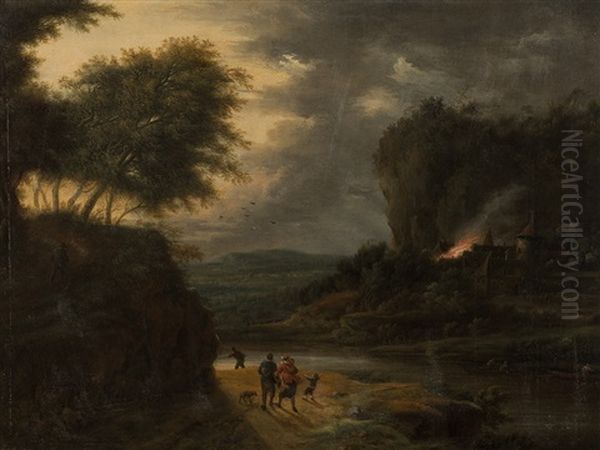 River Landscape With Burning Castle - view 1