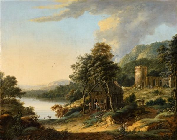 Wooded River Landscape With A Farmhouse And Ruins - view 1