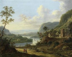 An Extensive River Landscape With Figures Resting Beside A Waterfall And A Village In The Distance; And A Mountainous River Landscape With A Horseman On A Path (2) by Johann Christian Vollerdt or Vollaert
