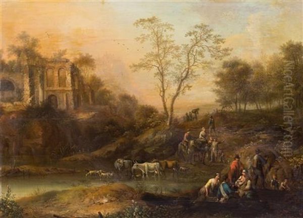 Figures And Animals Before Ruins (a Pair Of Works) - view 1