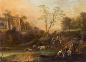 Figures And Animals Before Ruins (a Pair Of Works) Figures And Animals Before Ruins (a Pair Of Works)