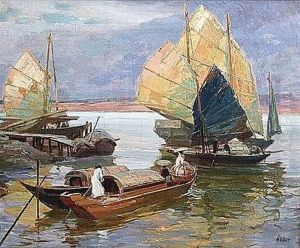 Bateaux Sur Le Fleuve Rouge, Hanoi by Henri Emile Vollet
